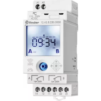 Finder 12A200240000 digitalni astronomski vremenski prekidač, 2-kanalni, dnevni/tjedni/astro/blagdanski/impulsni programi, DIN tračnica, 230 V AC, 16 A