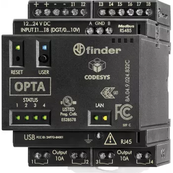 Finder programabilni logički relej (PLR) PLC upravljački modul, 24 V DC, 8 digitalnih ulaza, 4 analogna ulaza, 4 relejna izlaza, 8 A, LCD zaslon, montaža na DIN tračnicu, 8A.04.9.024.832C