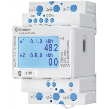 Finder 7M.38.8.400.0312 trofazno brojilo energije, izravni priključak, 80 A, Modbus RS485, S0 impuls, za DIN tračnicu, 4 modula
