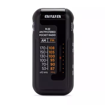 AIWA R-22BK Pocket Radio with Headphones, FM/AM, Black