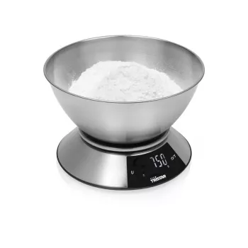 Tristar KW-2453 digitalna kuhinjska vaga s posudom od nehrđajućeg čelika, kapacitet 5 kg, točnost 1 g, LCD zaslon, funkcija tare, srebrna