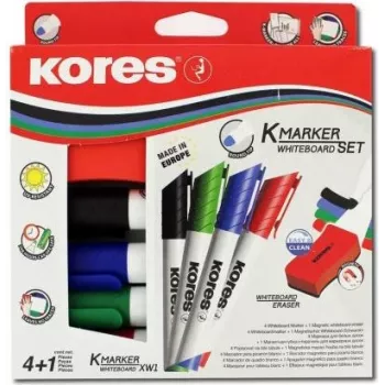 Kores set markera za bijelu ploču, 4 markera + brisač, okrugli vrh, 3,0 mm, brzosušeći, razne boje M20863