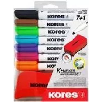 Kores set markera za bijelu ploču, 7 markera + brisač, okrugli vrh, 3,0 mm, brzosušeći, različite boje (M20866)