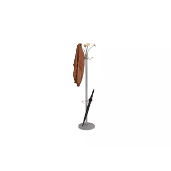 MAUL Stily stalak za garderobu s držačem za kišobrane, srebrni, drvene kuke, 8 kuka, 1750 mm 9403270