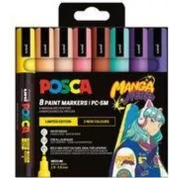 POSCA PC-5M set pigment markera, 8 boja, Manga Hero, srednji okrugli vrh, vodootporni, postojani na svjetlost, bez mirisa PC5M/8APF ASS74