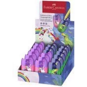 FABER-CASTELL dvostruko šiljilo Box Dino/Unicorn, display sa spremnikom za struggotine za jednostavno i čisto šiljenje, 18 komada (183551)