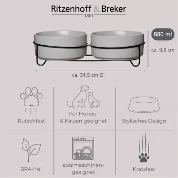 Ritzenhoff & Breker TARO set dvostruke pseće zdjelice, 880 ml, sivi kameni porculan s crnim metalnim stalkom 450521
