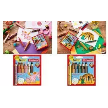 STABILO woody 3 u 1 Multitalent olovka, set od 6 u okruglom pernici Tiger, bojica, vodena boja i voštana bojica u jednom, EO8806-4-2