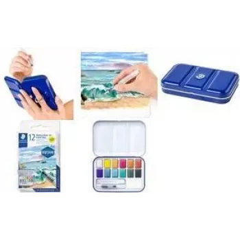 STAEDTLER 888M M12-C Metallic Watercolour Paint Set, 12 Colours in Metal Case with Mixing Palette and Finger Grip Ring