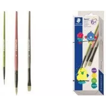 STAEDTLER Noris Synthetic Paintbrush Set, 3 Pieces, Assorted Colours, Recycled Plastic Handles, Metal Ferrules (989R-S BK3)