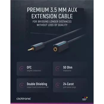 CLICKTRONIC MP3 audio produžni kabel 3,5mm stereo utikač na utičnicu 1,5m crni