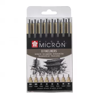 SAKURA Pigma Micron set fineliner olovaka, 8-dijelni, crni, razne veličine vrhova 0,15 mm do kista POXSDK8