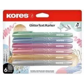 Kores set markera s glitterom, klinasti vrh 3-5 mm, 6 svjetlucavih glitter boja, na bazi vode, brzosušeći, otporan na razmazivanje, ventilirana kapica, netoksičan TM36300