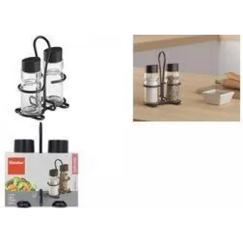Metaltex Spice Line Salt & Pepper Shaker Set, 3-Piece, Glass with Black Plastic Lids, Transparent 252871000