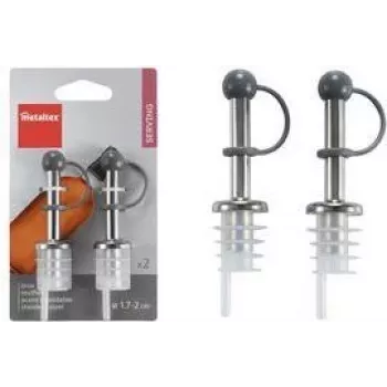 Metaltex Stainless Steel Bottle Pourer, 2-Piece Set with PE Stoppers, Controlled Pouring for Oil, Vinegar, Dressings 257100080