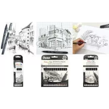 PentelArts permanentni fineliner Pointliner set od 8 komada, crni, 0,03 mm do 0,8 mm + kist YS20P-8