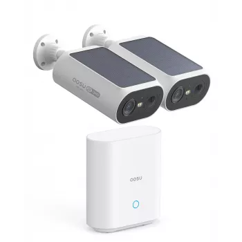 AOSU pametni sigurnosni sustav SolarCam P1 SE komplet s 2 kamere, 2K QHD, bežični, na solarno napajanje, noćni prikaz u boji, dvosmjerni audio, IP65, 2 kamere
