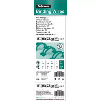Fellowes 14 mm 34-Ring srebrni Twin Loop češljevi za spiralno uvezivanje za A4, 130 listova, 100 paketa (54454)