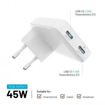 Fixed Slim 2xUSB-C putni punjač 65W GaN PD bijeli