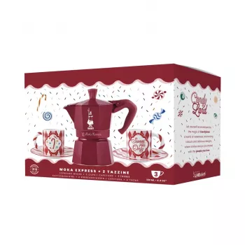Bialetti Candyland Moka Express 3TZ Manual Coffee Maker Set, 150 ml, Red + 2 Cups