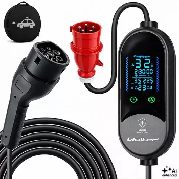 Qoltec mobilni EV punjač za električne i hibridne automobile, 2-u-1 podešavanje, Type 2, 7 kW, 230 V, CEE 32 A, LED, 5 m