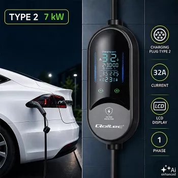 Qoltec mobilni EV punjač za električne i hibridne automobile, 2-u-1 podešavanje, Type 2, 7 kW, 230 V, CEE 32 A, LED, 5 m