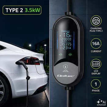 Qoltec mobilni EV punjač 2-u-1, Type 2, 3,5 kW, 230 V, Schuko 16 A, LED, 5 m (53182)