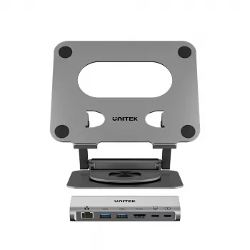 Unitek stalak za prijenosno računalo s odvojivim 5-u-1 USB-C hubom - 2x USB-A 5Gbps, HDMI 4K@60Hz, RJ45, PD 100W (D1109CGY01)