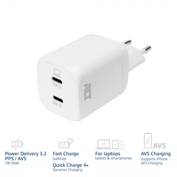 ACT USB-C punjač 100W 2 porta s Power Delivery 3.2, PPS, AVS, QuickCharge i GaNFast