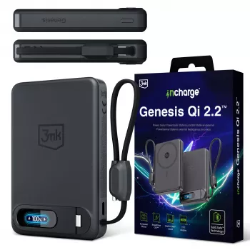 3mk incharge Genesis Qi2 25W bežični punjač + PD 45W s integriranim USB-C kabelom, crni