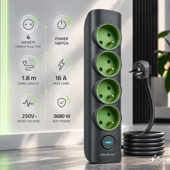 Qoltec produžni kabel s osvijetljenom sklopkom, 4 utičnice sa zaštitnim kontaktom, 1,8 m
