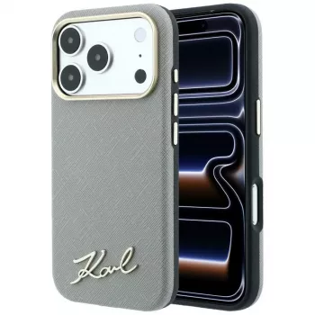 Karl Lagerfeld Saffiano mala futrola s metalnim Script logom, MagSafe, za iPhone 18 Pro Max / 17 Pro Max, bež