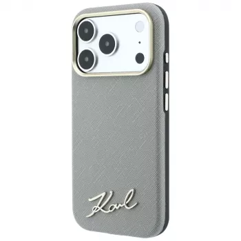 Karl Lagerfeld Saffiano mala futrola s metalnim Script logom, MagSafe, za iPhone 18 Pro Max / 17 Pro Max, bež