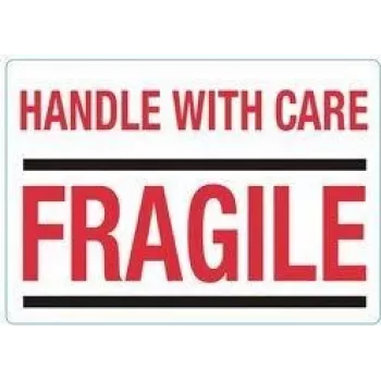 rillprint etikete upozorenja HANDLE WITH CARE / FRAGILE, trajno ljepilo, bijelo/crvene