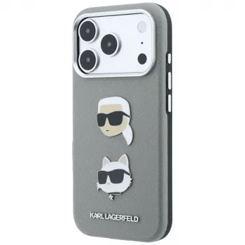 Karl Lagerfeld KF003253 maskica Saffiano s Karl & Choupette Heads Pins i logom za iPhone 18 Pro / 17 Pro, siva
