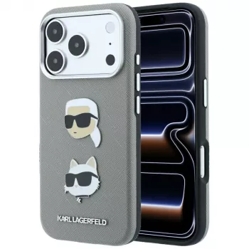 Karl Lagerfeld Saffiano futrola s Karl & Choupette Heads Pins & Logo za iPhone 18 Pro Max / 17 Pro Max, siva