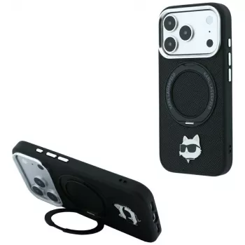 Karl Lagerfeld KF003216 Ring Stand 360 Choupette Head Pin MagSafe maska za iPhone 18 Pro Max / 17 Pro Max, crna