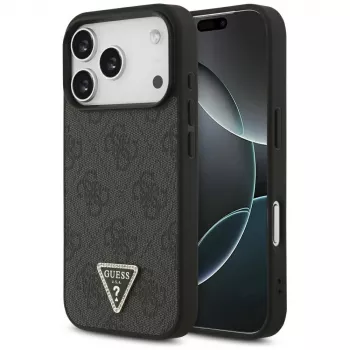 Guess Leather 4G Triangle Strass MagSafe maska za iPhone 18 Pro / 17 Pro, crna