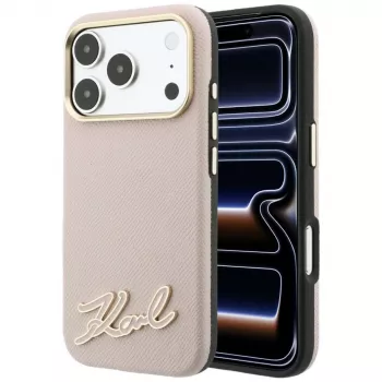 Karl Lagerfeld zrnasta koža s logotipom od smole futrola s MagSafe za iPhone 18 Pro Max / 17 Pro Max, ružičasta
