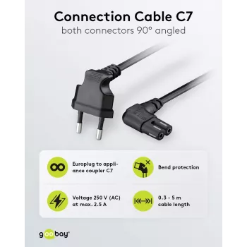 Goobay CEE 7/16 Type C – C7 strujni kabel, kutni utikači, 1,5 m, crni