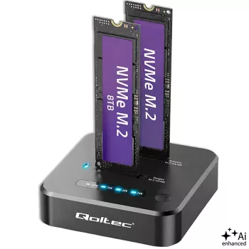 Qoltec 52633 M.2 NVMe SSD docking stanica, PCIe, 2 x 8TB, USB-C 3.2, 10 Gb/s, offline kloniranje