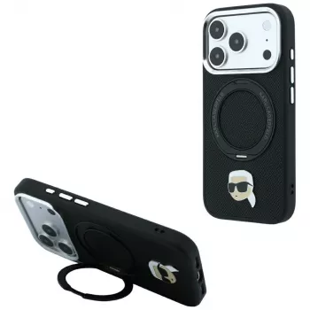 Karl Lagerfeld MagSafe futrola s prstenastim stalkom 360 i Karl Head Pin za iPhone 18 Pro / 17 Pro, crna