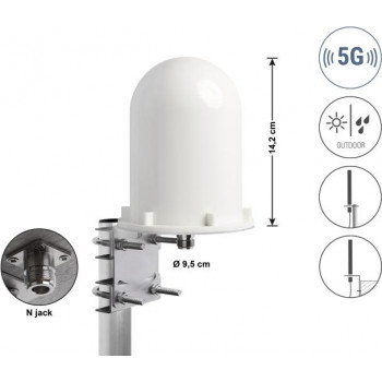 Delock 60769 5G-LTE antena, N utičnica, 3-5 dBi, fiksna kružna karakteristika, zidna i jarbolna montaža, vanjska, bijela, 14,2 cm