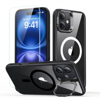 ESR Classic Hybrid Kickstand HaloLock MagSafe futrola s kaljenim staklom za Apple iPhone 16, prozirna/crna
