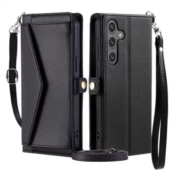 Hurtel Samsung Galaxy A56 5G PU kožna torbica s funkcijom stalka i remenima, crna