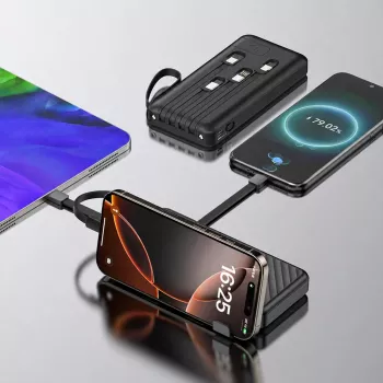Wozinsky W11-B 10000mAh 10W powerbank s integriranim kabelima i svjetiljkom, crni