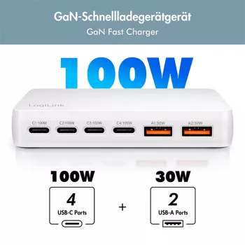 LogiLink PA0418 USB-A/C stolni punjač, 100 W, GaN, 6 priključaka, 2x USB-A (QC), 4x USB-C (PD), bijeli