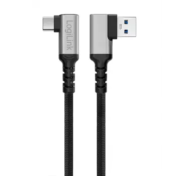 LogiLink CU0471 USB 3.2 Gen1 Type-C kabel, A/M 90° na C/M 90°, 5 Gbps, 60 W, metal, srebrno-crni, 1 m
