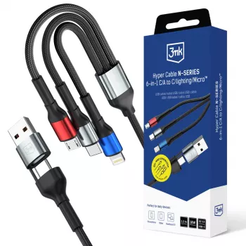 3MK Hyper Cable N-SERIES 6u1 USB-C / USB-A na USB-C / MicroUSB / Lightning kabel, QC 3.0, 18 W (9 V / 2 A), 1,2 m, crni
